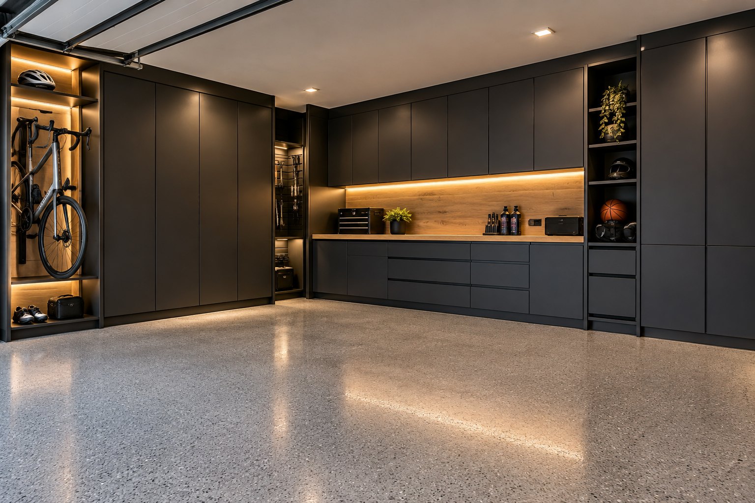 Finished garage with charcoal custom cabinetry, oak workbench and bike storage